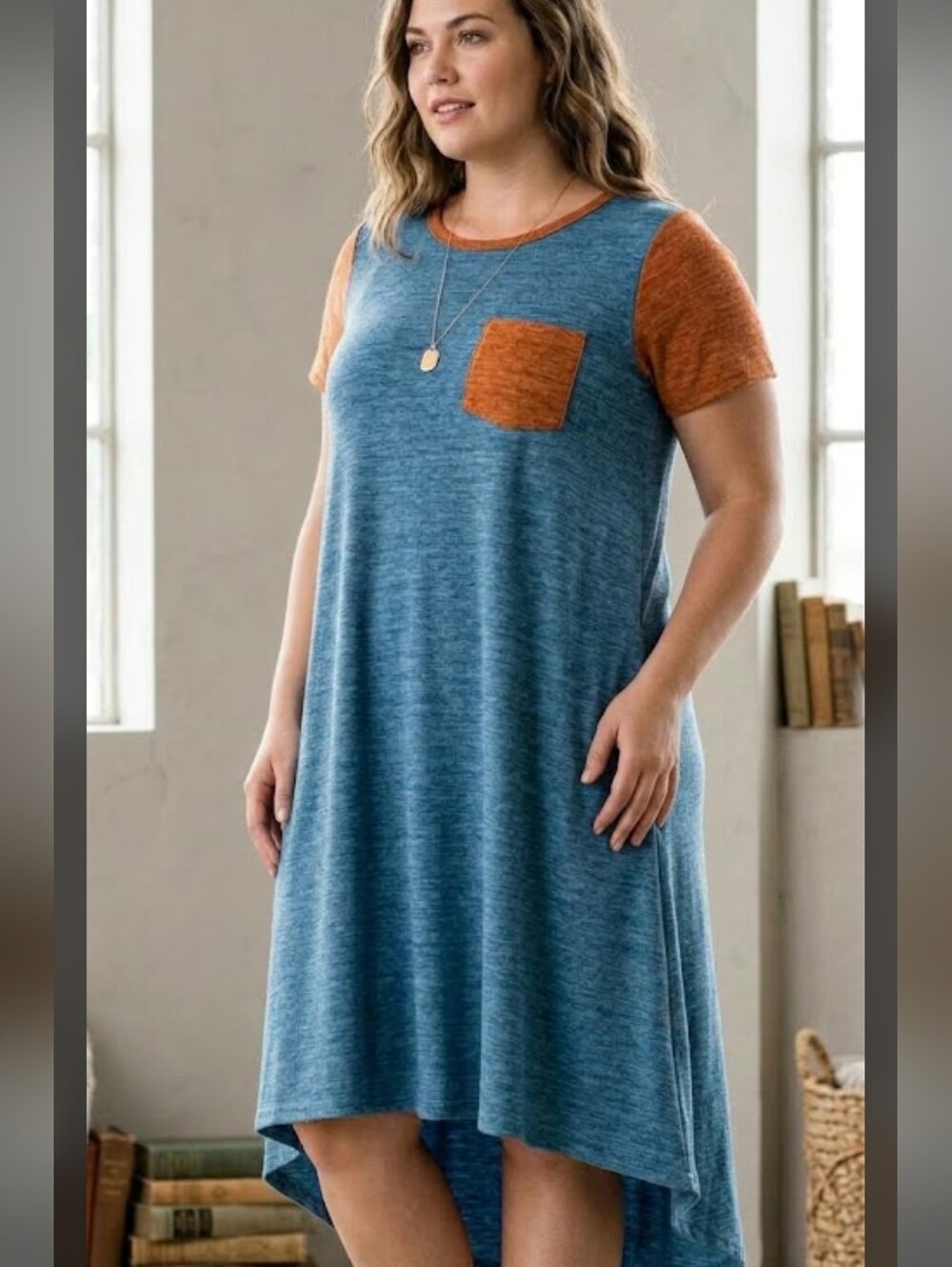 LuLaRoe Carly Hi-low Swing Midi Dress Size Large Heather Blue and Orange Casual